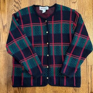Crystal-Kobe Vintage Black Blue Red Green Plaid Button Down Sweater Size Large